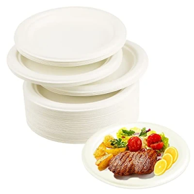 Image of doesnotapply 50 Pcs Disposable Paper Plates 7 Inch Bagasse Extra Strength Sugarcane Eco Friendly Party Biodegradable and Compostable for Parties White,add cx