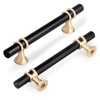 Image of YODB 6PCS 96mm Kitchen Cupboard Handle, Cabinet Door T Bar Handle Zinc Alloy Solid Pull Handles for Drawer Wardrobe Furniture Sideboard with Screws Black Golden Base
