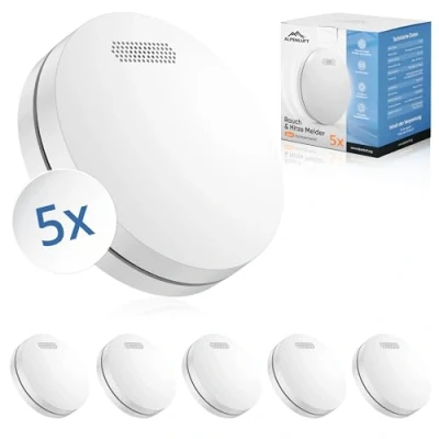 Image of ALPENLUFT Smoke Detector Wireless interlinked 10 Year Battery, Alarm &amp; Heat 2in1, fire Alarm, Detector, alarms for home No Drilling, LED Flashing (Set of 5)