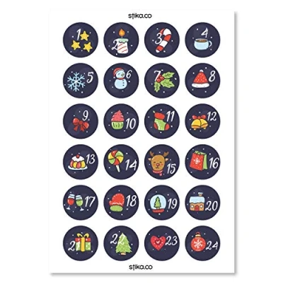 Image of Pack of 24 Christmas Navy Advent calendar paper Stickers, holiday 2022, numbers, DIY calendar,