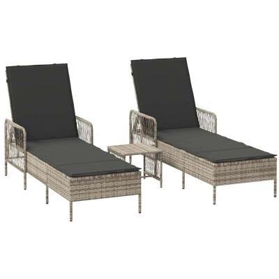 Image of vidaXL Sun Lounger Set of 3 Light grey and dark PE rattan, metal