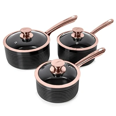 Image of Tower Linear Rose Gold 3 Piece Saucepan Set Black