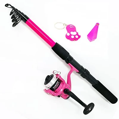 Image of FLADEN KIDS Fishing Rod Combo Fun Telescopic (1.8m / 6ft) Rod/Matching Reel/Line/Training Weight/Fun LED Keyring Ideal Set For Children (Pink Cat) [12K 518P]