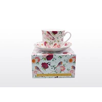 Image of Bone China Breakfast Cup/Saucer Bird Bouquet Gift Boxed Postage Free UK