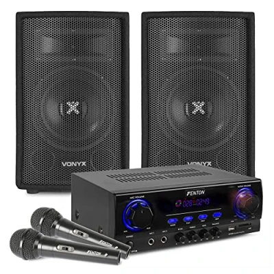 Image of VONYX Home Karaoke Set with Bluetooth, 2 Microphones and Cables, Complete Speakers Amplifier System, MP3 Music Player