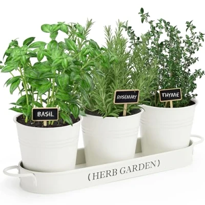Image of PERFNIQUE Indoor Herb Garden, Garden Planter for Indoor/Outdoor, Farmhouse Plant Pots, Windowsill Kit with Tray, Window Pots Plants (Off White)