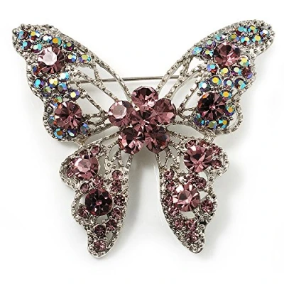 Image of Avalaya Dazzling Lilac Diamante Butterfly Brooch (Silver Tone)