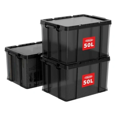 Image of Cetomo 50L*3 Storage Boxes, Stackable Box with Lids, Heavy Duty Lidded Container Reinforced Corners, Vertical Sides and Clip Closure, Durable, Plastic, Clear Black, 50L 3Pack