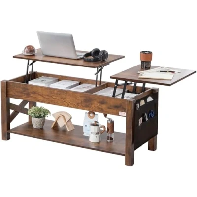 Image of VEVOR Lift Top Coffee Table, 47.5 in Rectangle Table with Extra Storage Pockets, Pop Up for Living Room, Brown