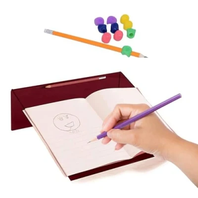 Image of Playlearn Red Acrylic Writing Slope Better Posture Easywriter&amp;5 Grips for Children Fully Transparent 20 Degree Angle Ergonomic with Pen Holder