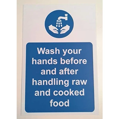 Image of Hygiene Catering Wash Your Hands Before and After handling raw Cooked Food Safety Sign Self Adhesive Sticker 200mm x 150mm