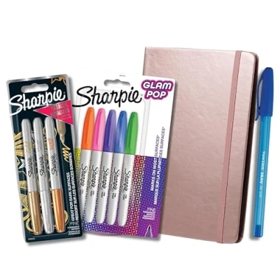 Image of Sharpie Permanent Marker Set with Rose Gold Notebook School Supplies 10 Count