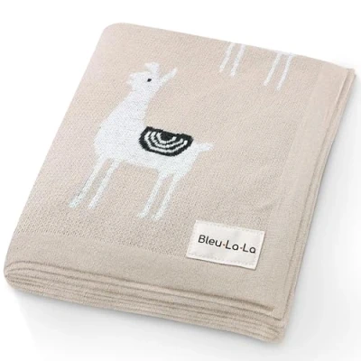 Image of Bleu La Knit Baby Swaddle Blanket 100% Cotton Soft Cozy Receiving Crib Stroller for Shower Gift Registry Newborns, Infants, Toddlers (Llama Cream)
