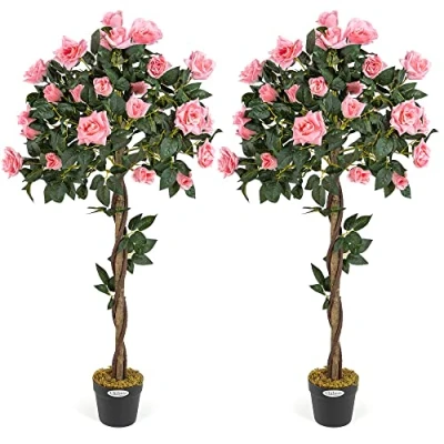 Image of CHRISTOW 2 Artificial Rose Trees Pink Flowers Twisted Trunk Potted Indoor Outdoor 4ft (Pair)