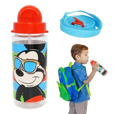 Image of Mickey Mouse Water Bottle for Kids 3+ Years, Leakproof Sipper BPA Free, 500ml with Strap, Transparents Summer Boys School, Travel, Picnic, Cycling Size 20cm