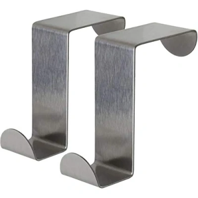 Image of igadgitz home U6895 Pack of 2 Stainless Steel Over Door Hooks Reversible Hangers for Cupboard Cabinet Drawer Kitchen Bathroom etc.
