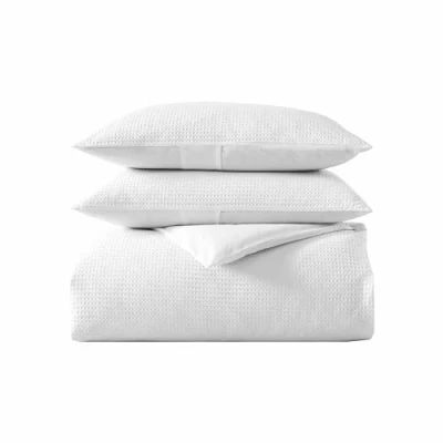 Image of Vera Wang King Duvet Cover Set, Luxury Cotton Bedding with Button Closure, Includes Matching Shams (Waffle Pique White, King)