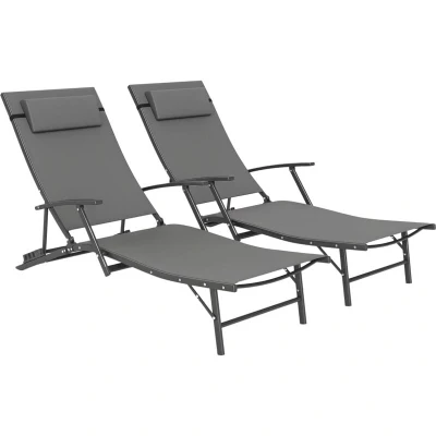 Image of Outsunny Set of 2 Folding Sun Loungers for Garden, 4 Positions Adjustable Outdoor Chaise Lounge Chairs with Armrests, Pillows, Steel Frame, Sunbed Recliners Patio, Beach and Poolside, Grey