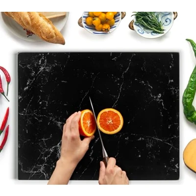Image of Glass Chopping Board Large 50x40cm : Worktop Saver for Kitchens Durable, Hygienic Savers Scratch Resistant, Heat Proof Black Marble Design