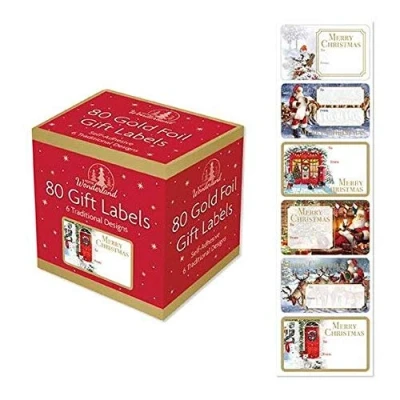 Image of Pack Of 80 Gold Foil Self Adhesive Christmas Gift Labels 6 Traditional Designs