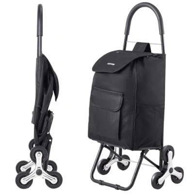 Image of VEVOR 36L Folding Trolley Stair Climbing Handcart with 6 Wheels &amp; Oxford Cloth Bag, Foldable Cart for Shopping Grocery Laundry, Black, Carbon Steel + EVA PP 600D, 17.72&quot; x 13.78&quot; 37.99&quot;