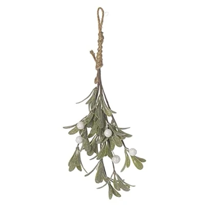 Image of Heaven Sends Artificial Frosted Green CHRISTMAS MISTLETOE Hanging Bunch Decoration with Sparkly White BERRIES &amp; Leaves 27 cm