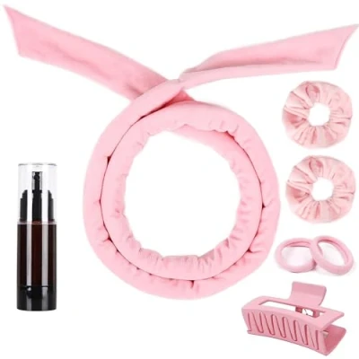 Image of Heatless Curlers Headband, 7 Pcs Curls Set, Soft Velour Hair Curler, No Heat for DIY (Pink, 7Pcs)