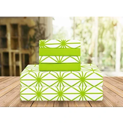 Image of Elegant Comfort Luxury Soft Bed Sheets Cube Pattern 1500 Thread Count Percale Egyptian Quality Microfiber Softness Wrinkle and Fade Resistant (6 Piece) Bedding Set, King, Lime Green