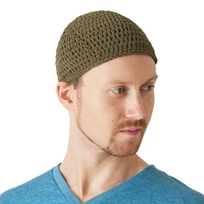 Image of CHARM Cotton Skull Cap for Men Crochet Kufi Hat Mens Beanie Prayer Knit Soft Sensitive Skin Chemo Khaki L