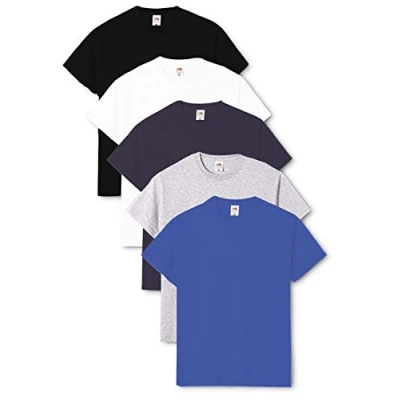 Image of FRUIT of THE LOOM Men&#039;s Valueweight Short Sleeve T Shirt Pack 5, Black/White/Deep Navy/Heather Grey/Royal Blue, X Large