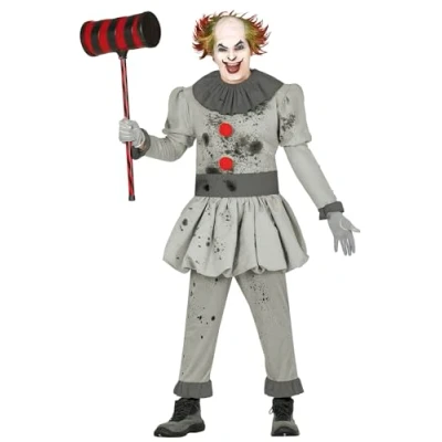 Image of FIESTAS GUIRCA Killer Clown Men Fancy Dress Costume Grey Horror Mens Halloween Costumes Adult Size M