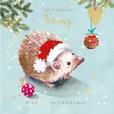 Image of Nanny Christmas Card Special Finish Hedgehog and Baubles Artistic Festive Design Made in the UK Eco Friendly