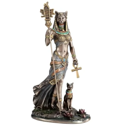 Image of Veronese Design 10 3/4 Inch Egyptian Goddess Bastet Holding Sistrum Instrument and Ankh Cross with Cat Cold Cast Resin Statue Bronze Finish Sculpture