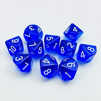 Image of Bescon Polyhedral 10 Sides Dice with Number 1 10, Blue Transparent Sided Dice, Cube 10pcs Set