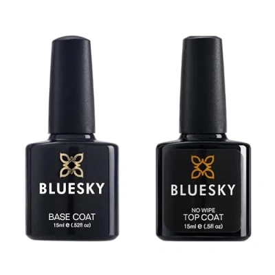 Image of Bluesky Base and No Wipe Top Coat Duo, 2 x 15ml Bottles, Professional Nail Gel Polish