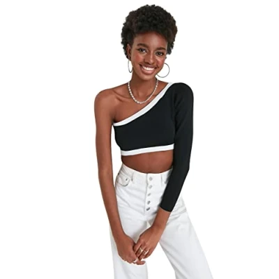 Image of Trendyol Women Slim Bodycon Asymmetrical Collar Knitwear Blouse Black