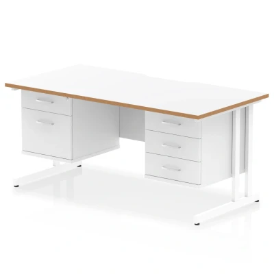 Image of Oslo 1600x800mm OfficeDesk White Top Natural Wood Edge Cantilever Leg Workstation 1x 2 Drawer 3 Fixed Pedestal