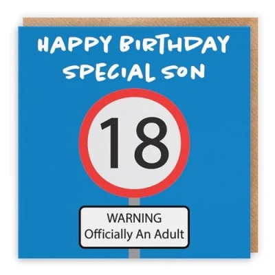 Image of Hunts England Funny Son 18th Birthday Card Happy Special Warning Officially An Adult Road Sign Collection Fun