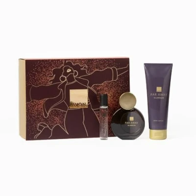 Image of Avon Far Away Glamour for Her Three Piece Gift Set with Eau de Parfum 50ml, Body Lotion 125ml and Purse Spray 10ml in a Box, Oriental Woody Scent Notes, Long Lasting Formula, Cruelty Free