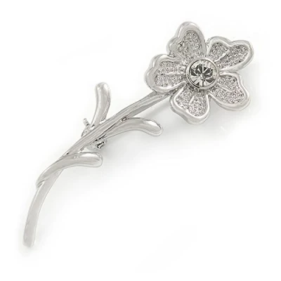 Image of Avalaya Rhodium Plated Clear Crystal Daisy Flower Brooch 45mm L
