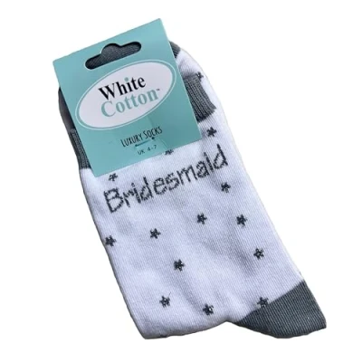 Image of WHITE COTTON CARDS BRIDESMAID SOCKS WITH GLITTER THREAD Novelty Socks. Size UK Adults 4 7 (SK40)