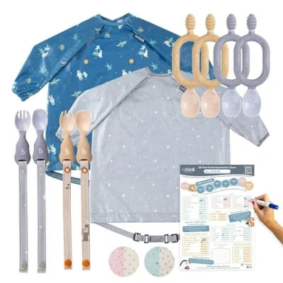 Image of Baby Weaning Set 2 Feeding Bibs, 4 Spoons, Cutlery Sets &amp; Poster, BPA Free, Perfect for and First Foods Mist