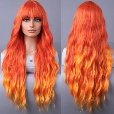 Image of YEESHEDO Long Hair Wigs for Women Natural Wavy Curly Synthetic with Fringe Organge Fire Wig Party Cosplay or Daily 28 Inches