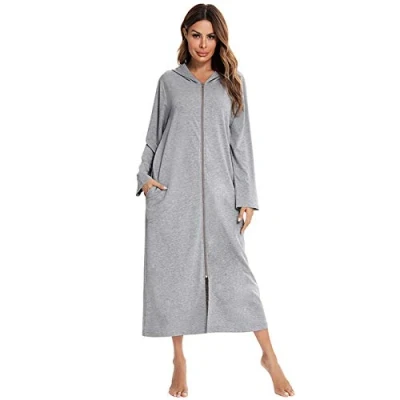 Image of GAOHONGMEI Women Sleepwear Long Robe Sleeve Dressing Gown Zip Front Hooded Bathrobe Kimono Robes Housecoat grey L