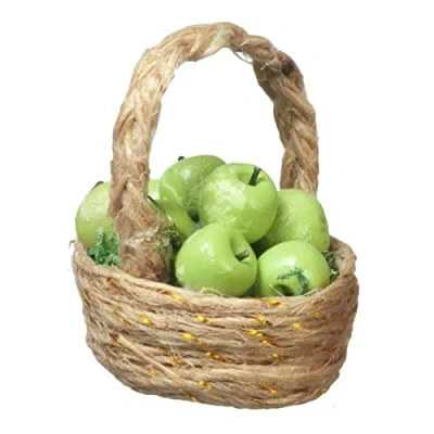 Image of Melody Jane Dolls House Green Apples in Woven Basket Miniature Fruit Kitchen Shop Accessory