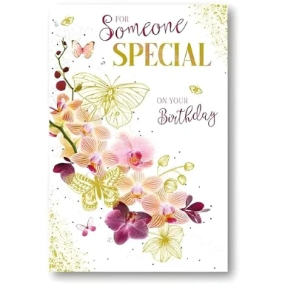 Image of Paper Rose Female Someone Special Birthday Card Orchid Flowers and Butterflies with Foil Details Eco Friendly Recyclable