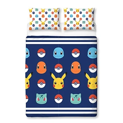 Image of Pokemon Officially Licensed Double Duvet Cover Set Pikachu Badges Design Reversible 2 Sided Bedding with Matching Pillowcases Character World Brands Bed
