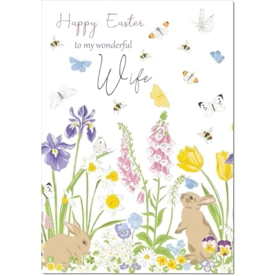 Image of doodlecards Wife Easter Card Spring Flowers with Bunnies Medium Size Plain Envelope