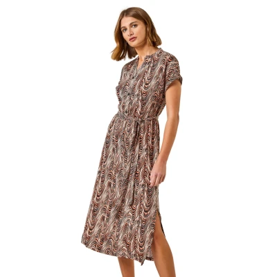 Image of Roman Originals Women Wave Print Belted Shirt Dress Ladies Spring Everyday Summer Evening Vacation Work Holiday Short Sleeve Smart Casual Stone Size 20