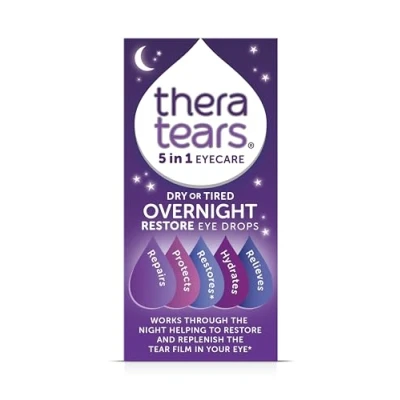 Image of TheraTears Overnight Restore Dry or Tired Eye Drops Repairs and Hydrates Eyes’ Through the Night Contact Lens Friendly Long Lasting Relief Preservative Free 5 in 1 Care 10ml